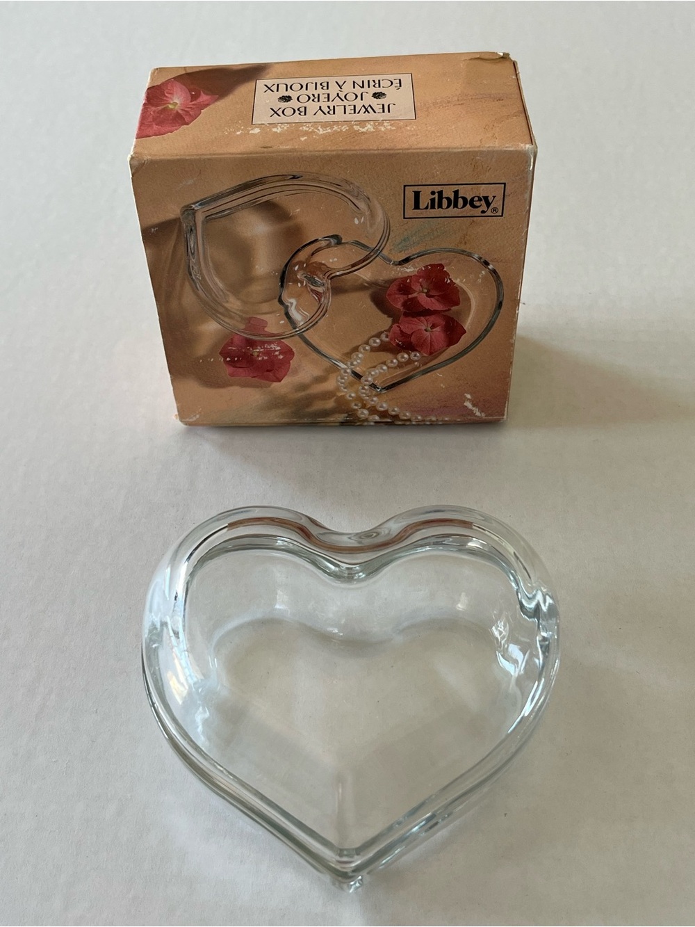 Clear Glass Heart Shaped Trinket Box Jewelry Dish Two Piece Keepsake 4 Inch